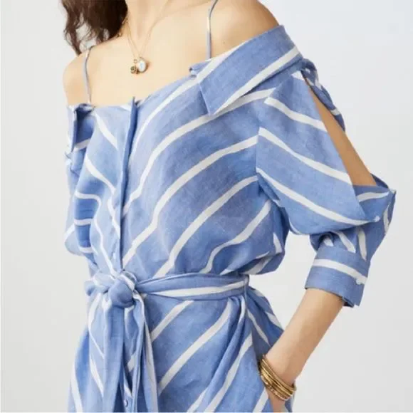 NWT Maje blue and white stripe cold shoulder shirt dress midi